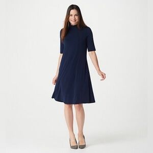 Susan Graver Navy Liquid Knit Mock Neck Fit & Flare Midi Dress